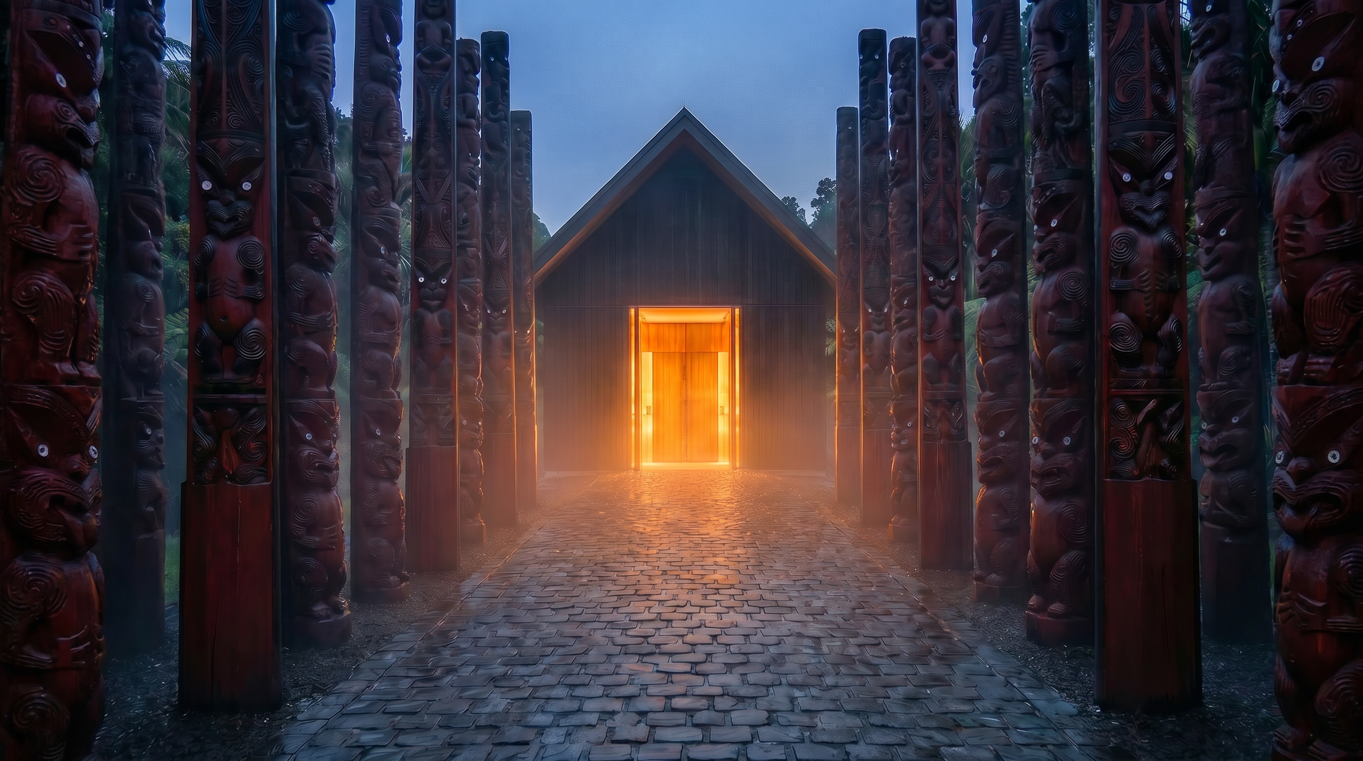 Ceremonial entrance pathway to Te Wai Henare — a colonnade of carved Māori pou whakaaro lining both sides of a cobblestone path at dusk, receding to a glowing amber doorway, mist rising, native bush beyond